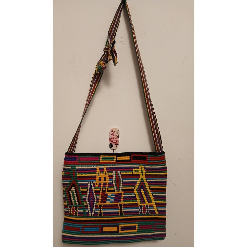 Guatemalan Hand Woven Crossbody Purse Purple Yellow Casual Hippie Boho Totebag